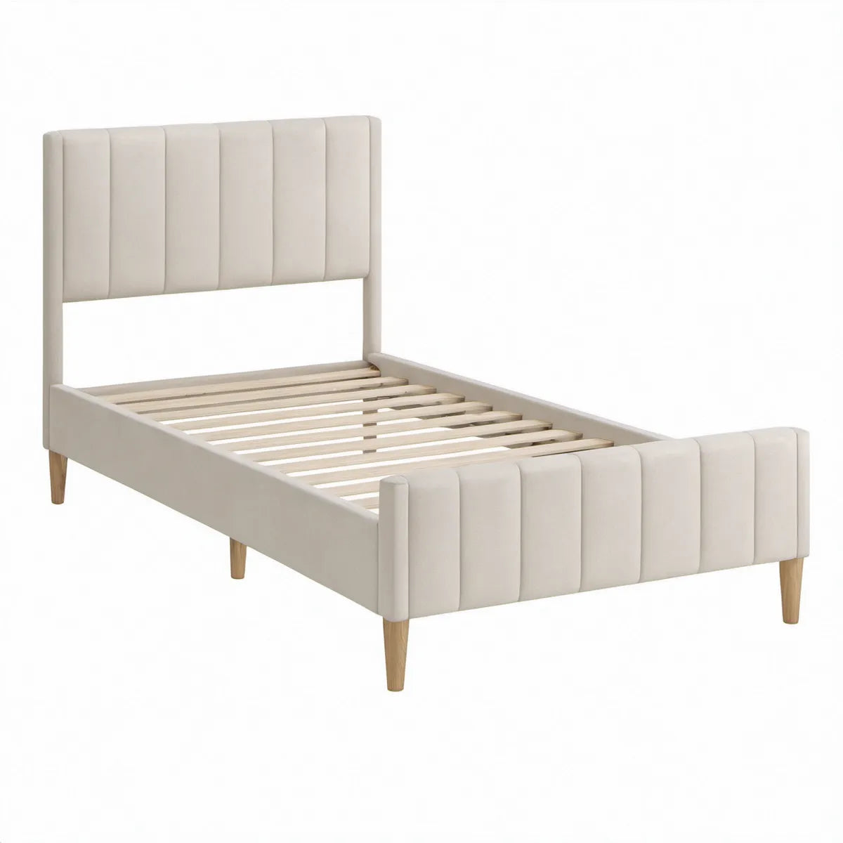 Polstret sengeramme 90 x 200 cm i beige med naturfarvede træben