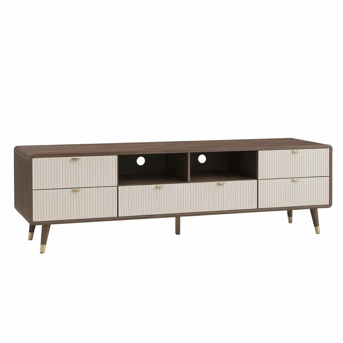 TV-bænk med 6 skuffer og 2 åbne rum, 180 x 40 x 60 cm, valnød/creme/mørkebrun/guld