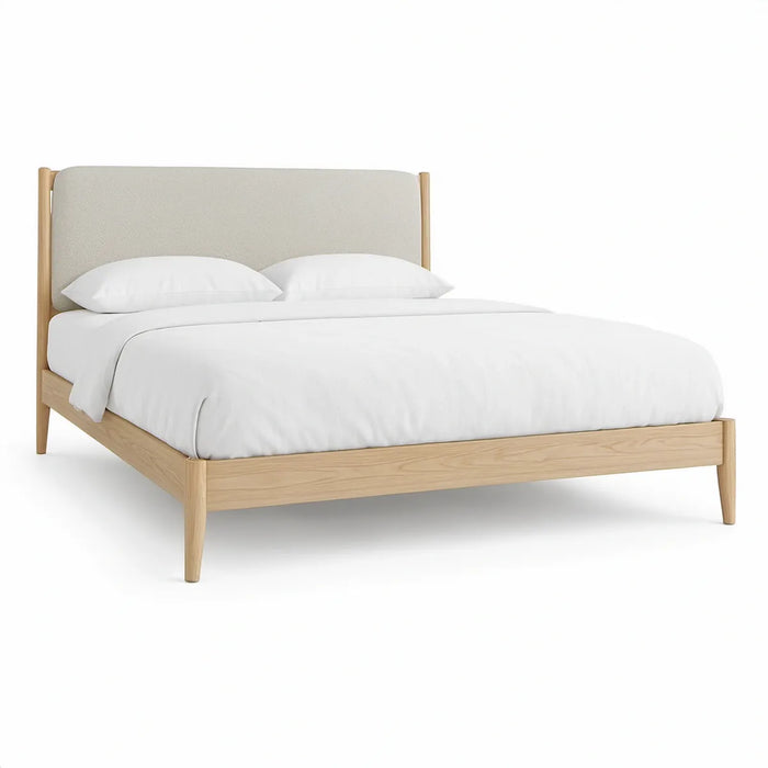 Dobbeltseng 160 x 200 cm i naturfarvet eg med beige polstret hovedgærde
