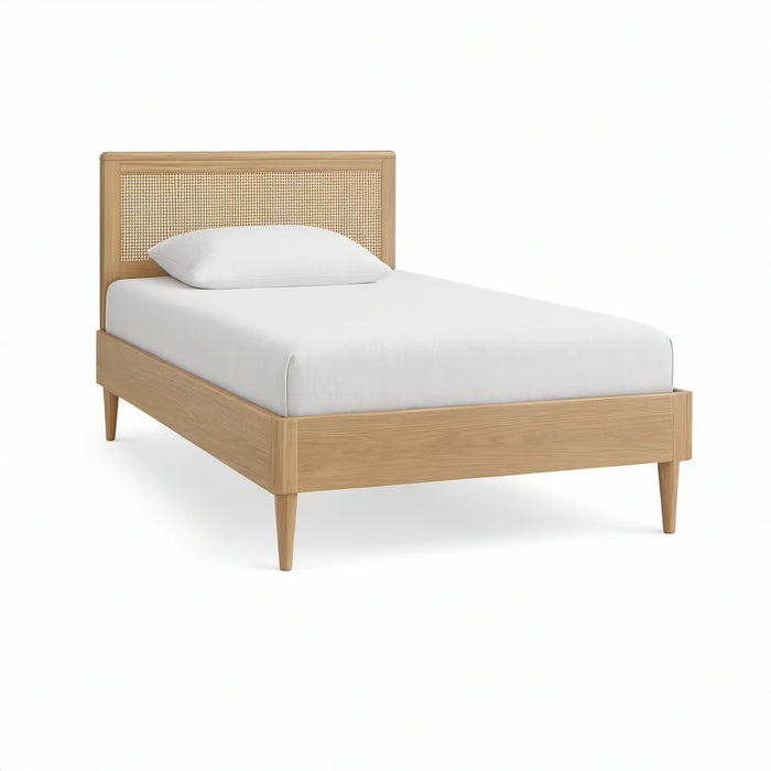 Enkeltseng i massiv eg og naturfarvet rattan, 90 x 200 cm