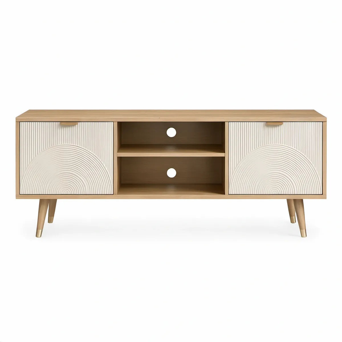 TV-bænk med 2 låger og 2 åbne rum, 180 x 40 x 60 cm, naturfarvet eg og hvid