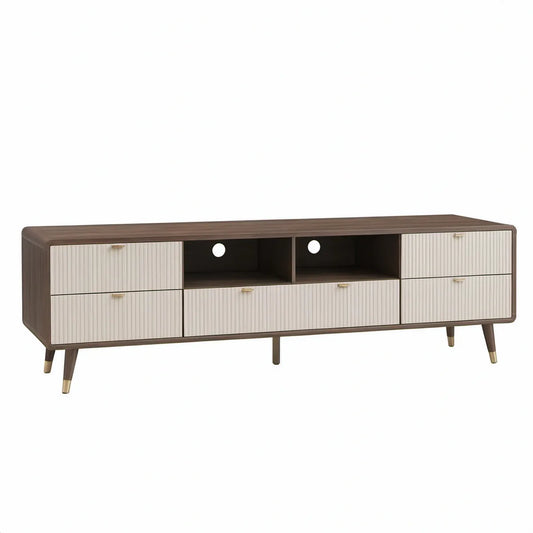TV-bænk med 6 skuffer og 2 åbne rum, 180 x 40 x 60 cm, valnød/creme/mørkebrun/guld