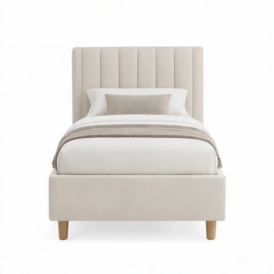 Polstret enkeltseng med lodret kanalinddelt sengegavl, 90 x 200 cm, beige