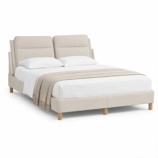 Polstret dobbeltseng med sengegavl 160 x 200 cm i beige med naturfarvede ben