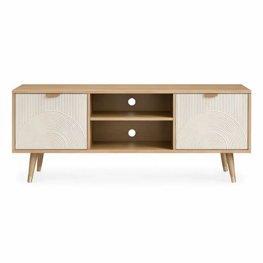 TV-bænk med 2 låger og 2 åbne rum, 180 x 40 x 60 cm, naturfarvet eg og hvid