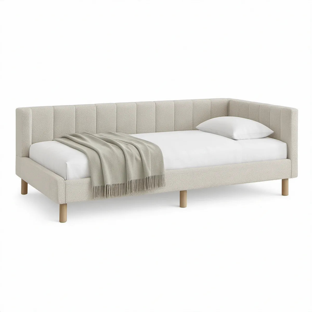 Polstret daybed 90 x 200 cm i bouclé, creme med ben i naturfarvet gummitræ
