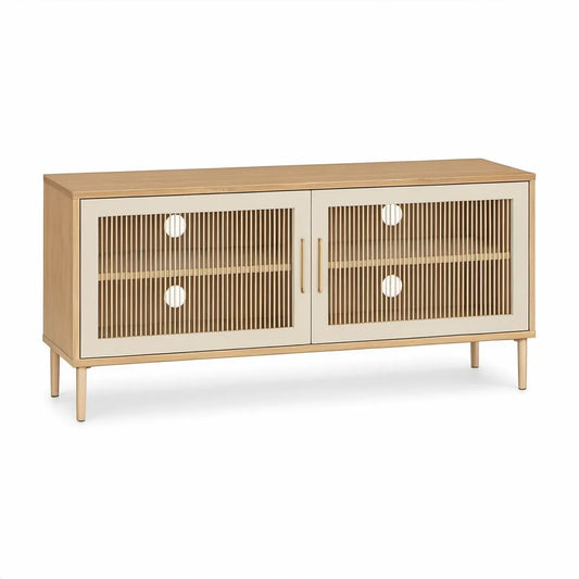 TV-bænk med 2 låger, 2 hylder og glaslameller, 160 x 40 x 75 cm, natur/creme/messingfarvet